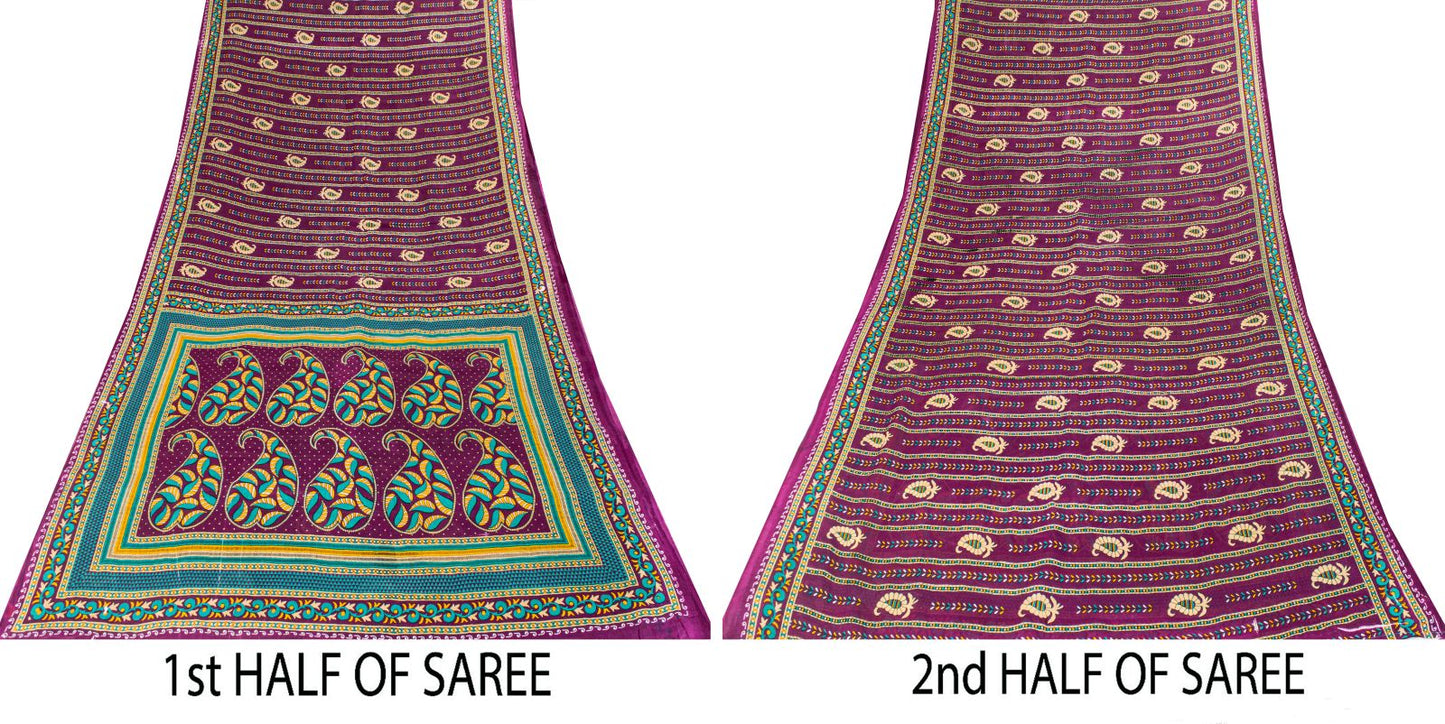Sanskriti Vintage Saree Violet Pure Cotton Craft Fabric Paisley Print 5+YD Sari