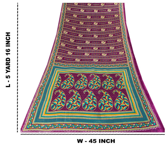 Sanskriti Vintage Saree Violet Pure Cotton Craft Fabric Paisley Print 5+YD Sari