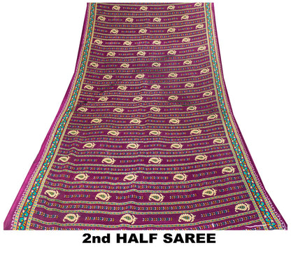 Sanskriti Vintage Saree Violet Pure Cotton Craft Fabric Paisley Print 5+YD Sari