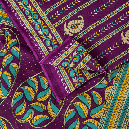 Sanskriti Vintage Saree Violet Pure Cotton Craft Fabric Paisley Print 5+YD Sari