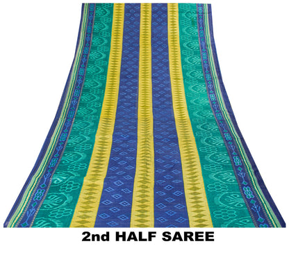 Sanskriti Vintage Saree Blue Pure Cotton Ikat Print Sambhalpuri Sari 5+YD Fabric