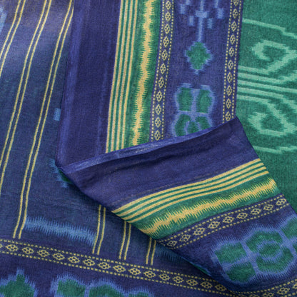 Sanskriti Vintage Saree Blue Pure Cotton Ikat Print Sambhalpuri Sari 5+YD Fabric