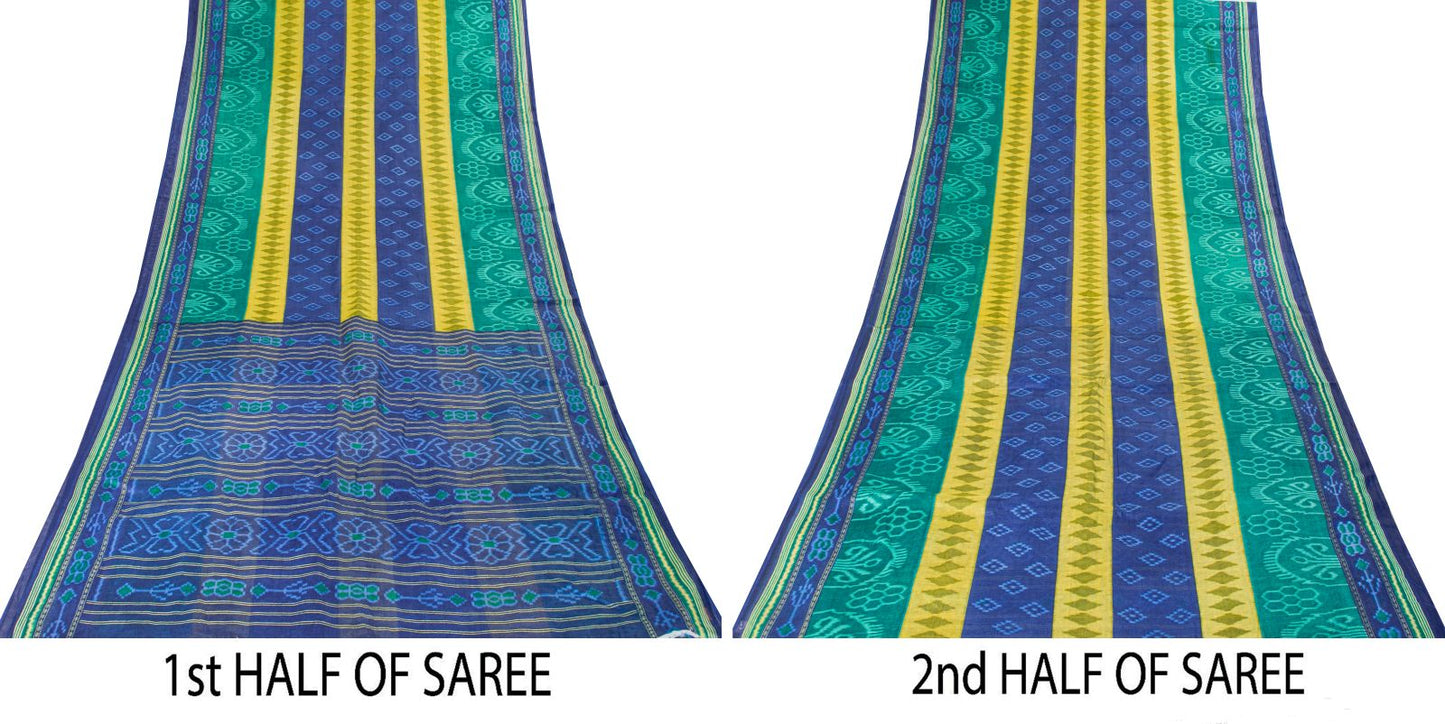 Sanskriti Vintage Saree Blue Pure Cotton Ikat Print Sambhalpuri Sari 5+YD Fabric