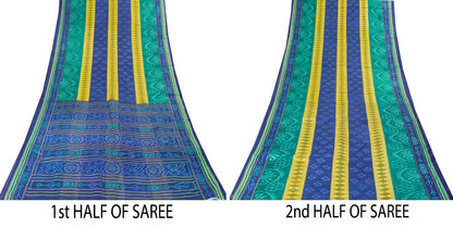 Sanskriti Vintage Saree Blue Pure Cotton Ikat Print Sambhalpuri Sari 5+YD Fabric