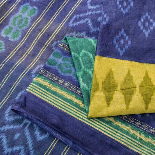 Sanskriti Vintage Saree Blue Pure Cotton Ikat Print Sambhalpuri Sari 5+YD Fabric