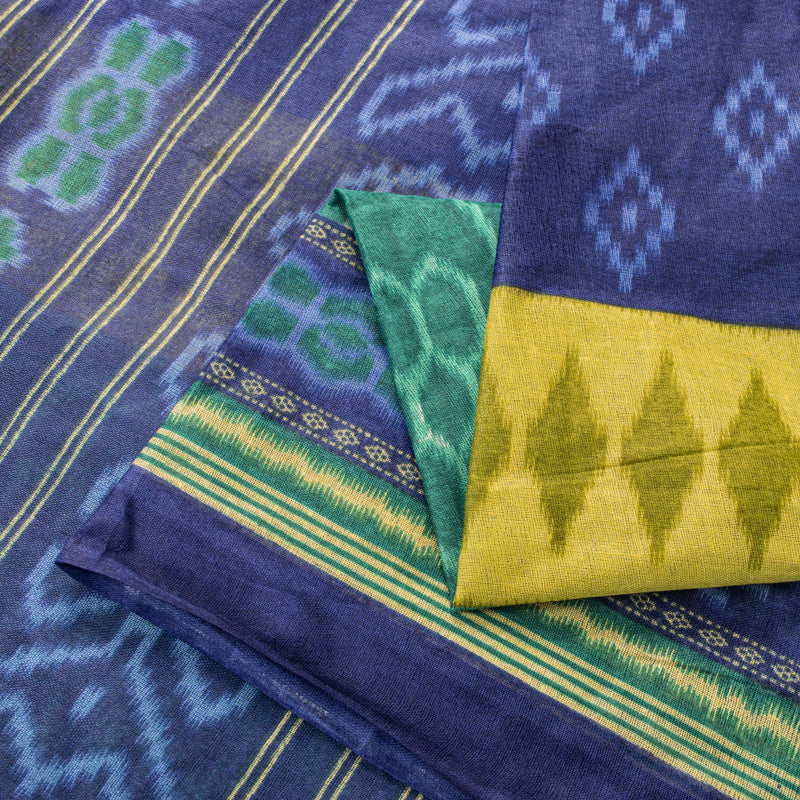 Sanskriti Vintage Saree Blue Pure Cotton Ikat Print Sambhalpuri Sari 5+YD Fabric