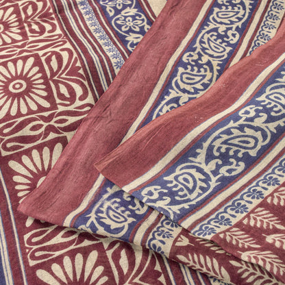 Sanskriti Vintage Saree Wine-Blue 100% Pure Cotton Block Print Sari Craft Fabric