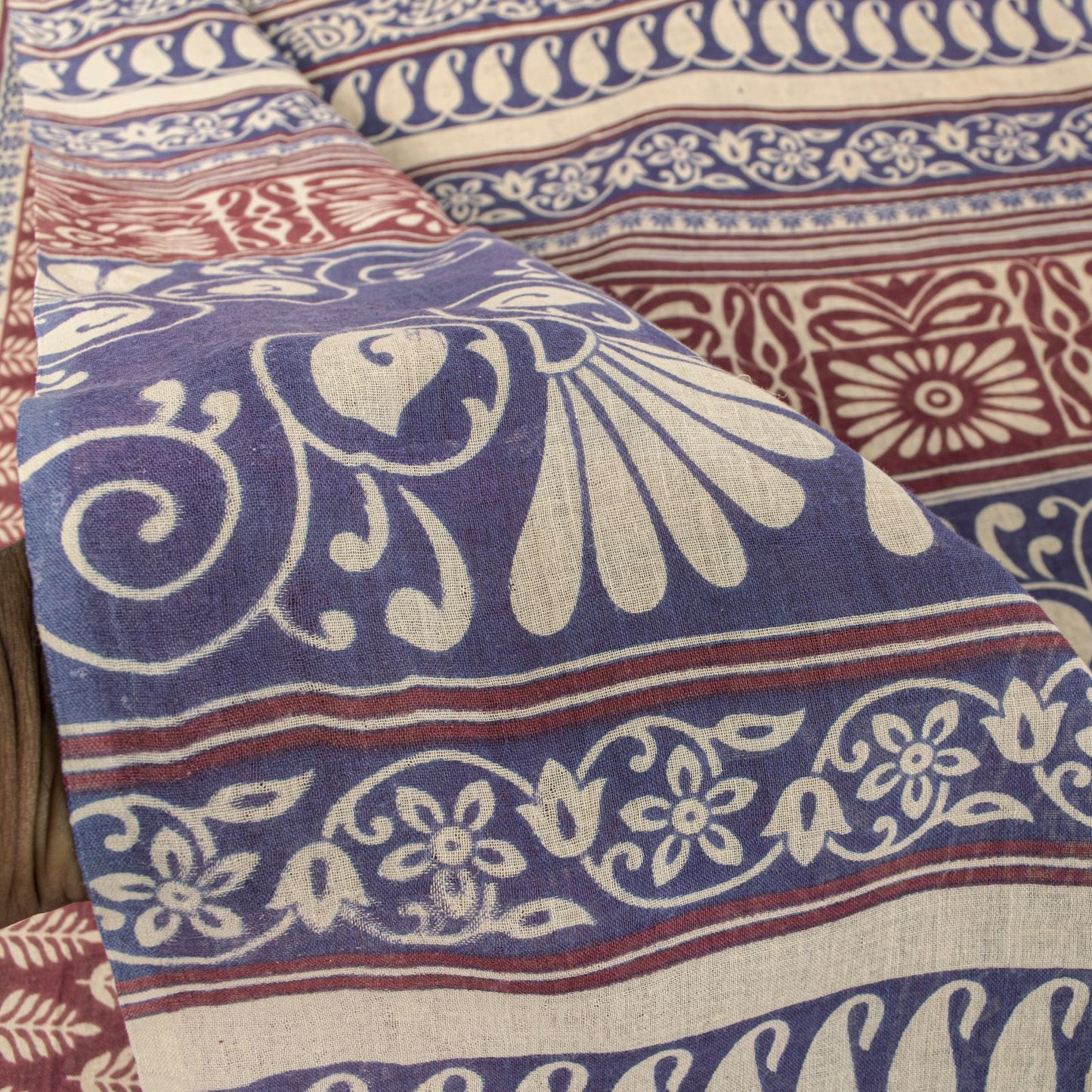 Sanskriti Vintage Saree Wine-Blue 100% Pure Cotton Block Print Sari Craft Fabric