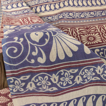 Sanskriti Vintage Saree Wine-Blue 100% Pure Cotton Block Print Sari Craft Fabric