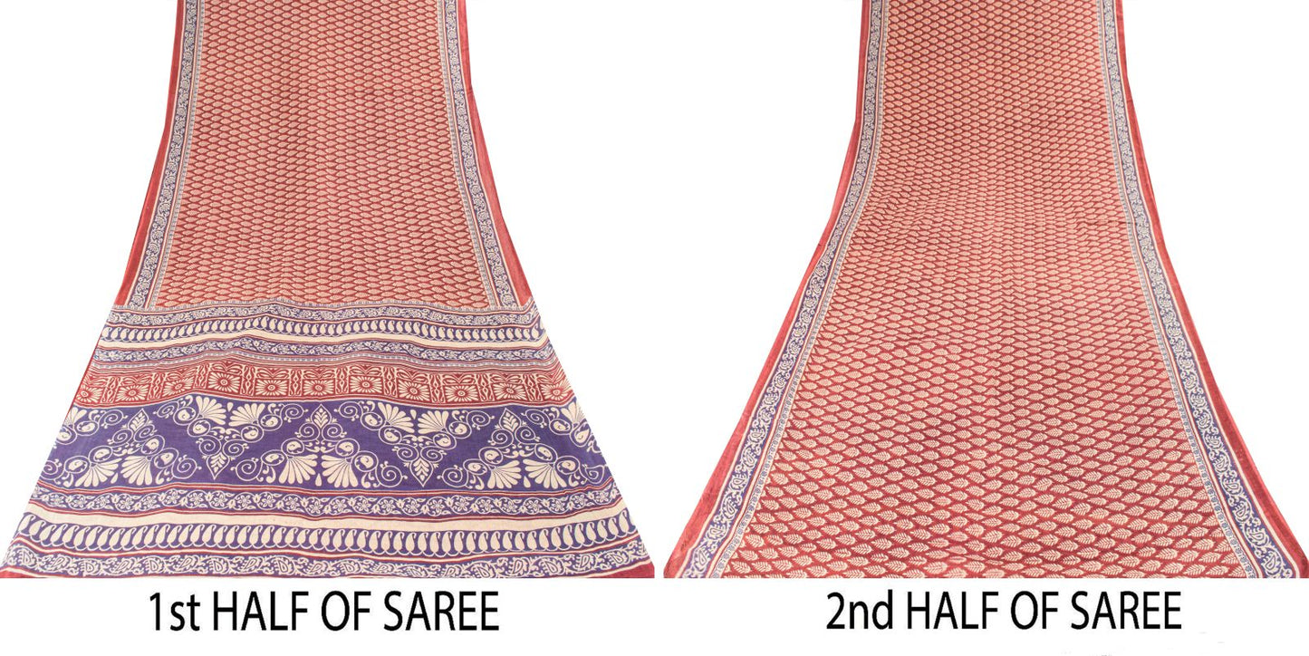 Sanskriti Vintage Saree Wine-Blue 100% Pure Cotton Block Print Sari Craft Fabric