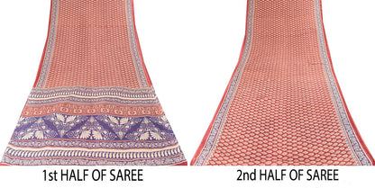 Sanskriti Vintage Saree Wine-Blue 100% Pure Cotton Block Print Sari Craft Fabric