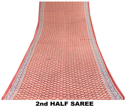Sanskriti Vintage Saree Wine-Blue 100% Pure Cotton Block Print Sari Craft Fabric