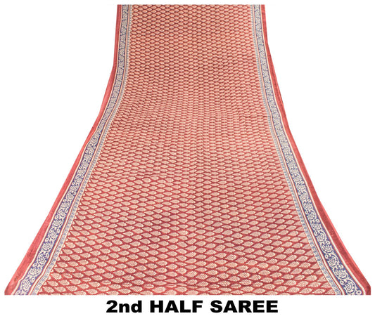 Sanskriti Vintage Saree Wine-Blue 100% Pure Cotton Block Print Sari Craft Fabric