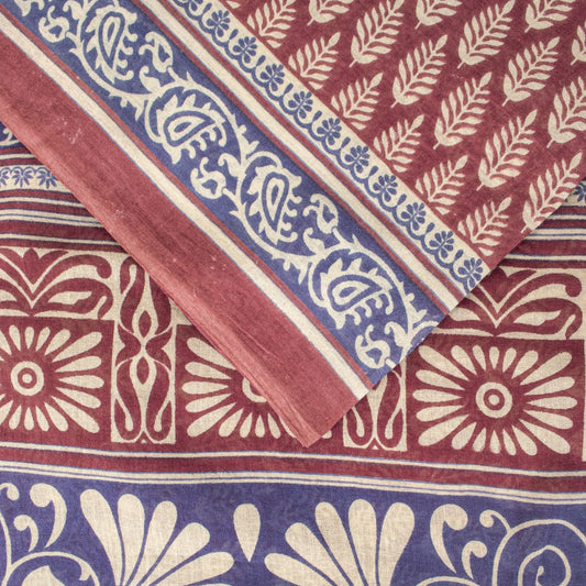 Sanskriti Vintage Saree Wine-Blue 100% Pure Cotton Block Print Sari Craft Fabric