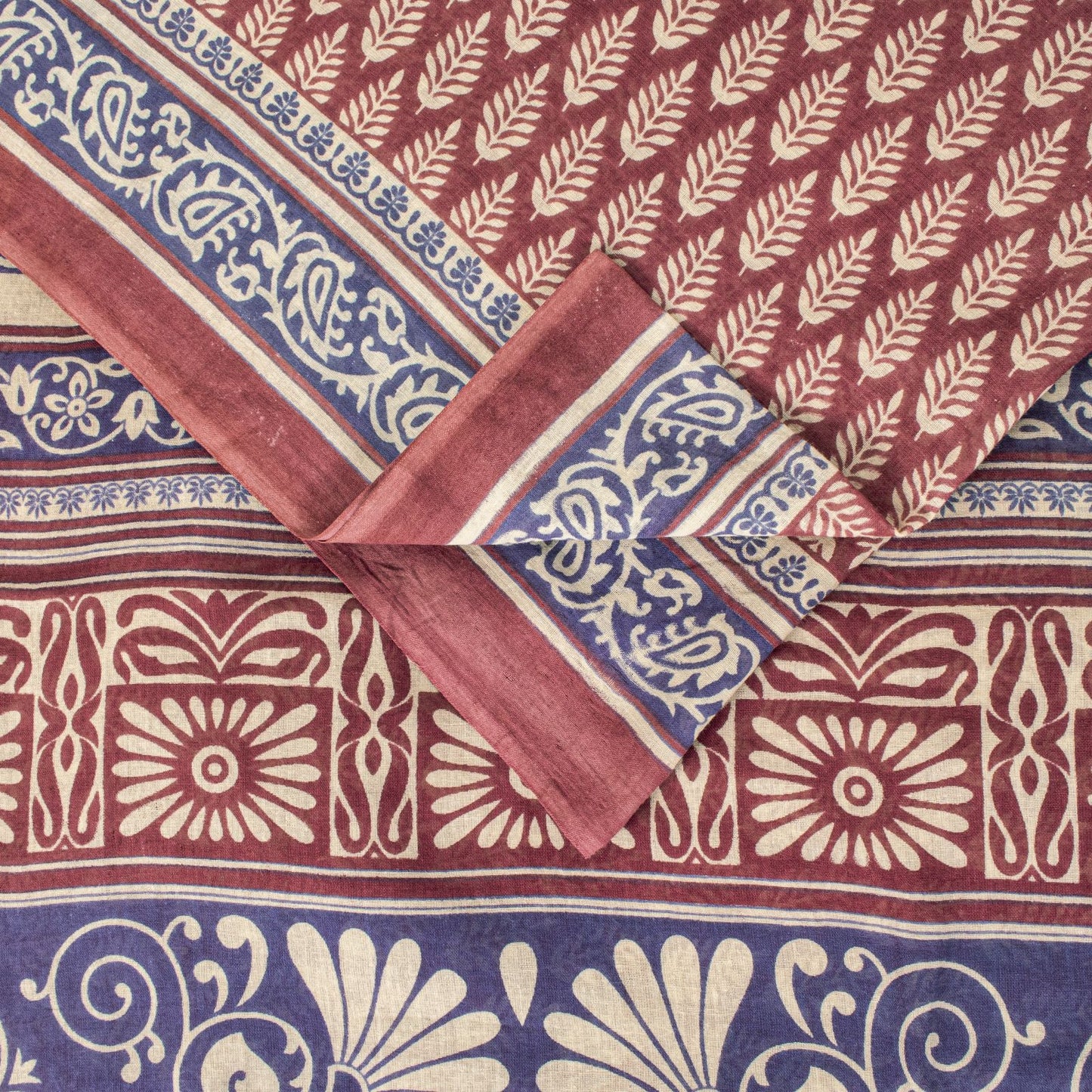 Sanskriti Vintage Saree Wine-Blue 100% Pure Cotton Block Print Sari Craft Fabric