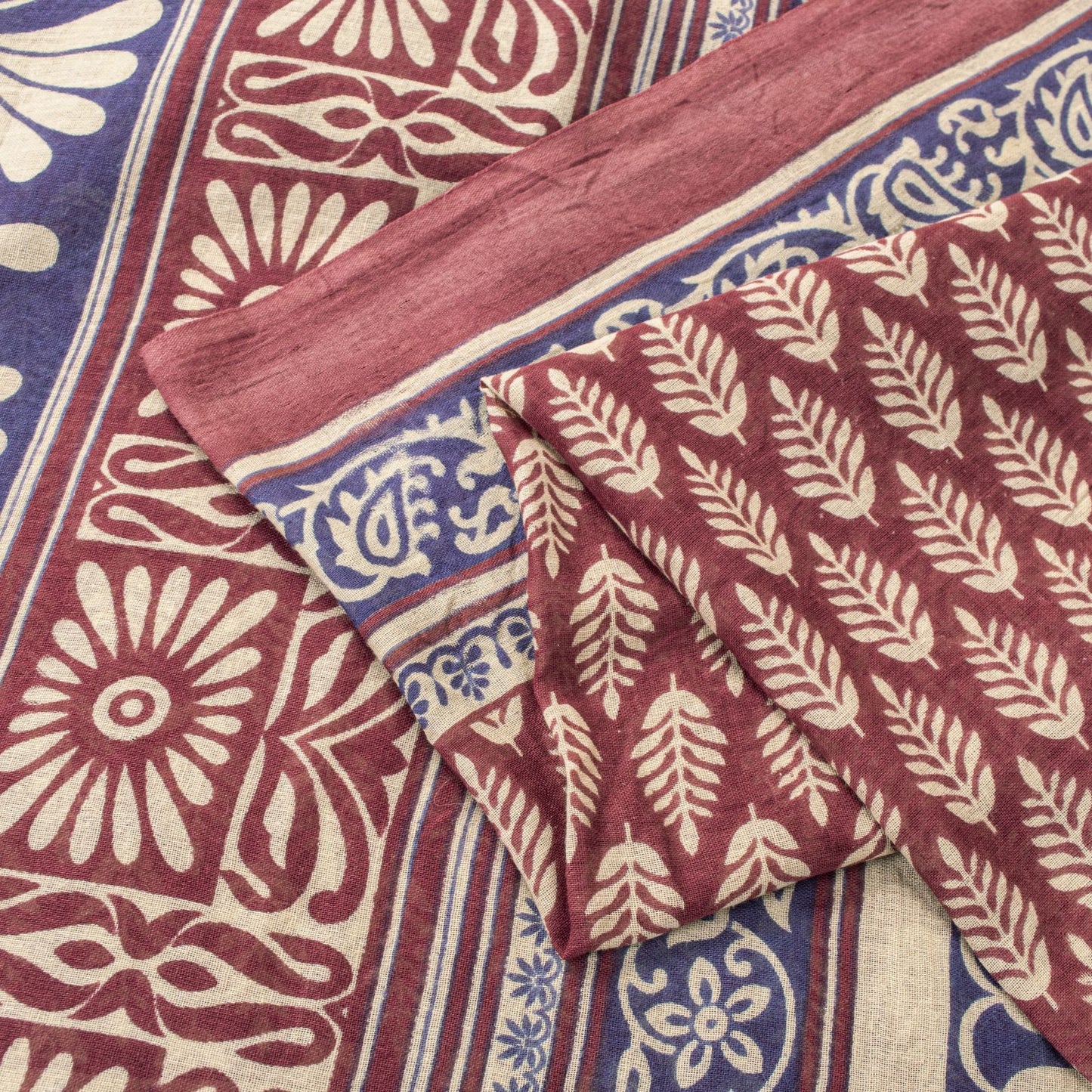 Sanskriti Vintage Saree Wine-Blue 100% Pure Cotton Block Print Sari Craft Fabric