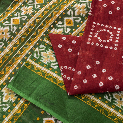 Sanskriti Vintage Saree Red 100%Pure Cotton Bandhani-Ikat Print Sari 5+YD Fabric