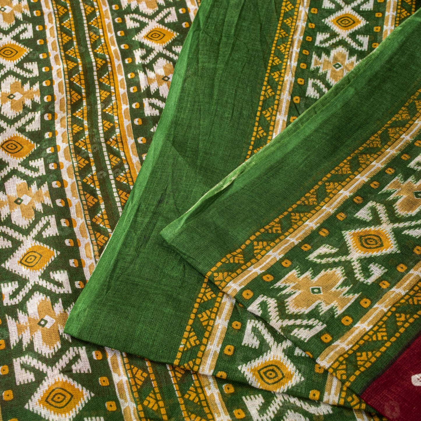 Sanskriti Vintage Saree Red 100%Pure Cotton Bandhani-Ikat Print Sari 5+YD Fabric