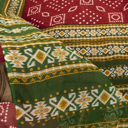 Sanskriti Vintage Saree Red 100%Pure Cotton Bandhani-Ikat Print Sari 5+YD Fabric