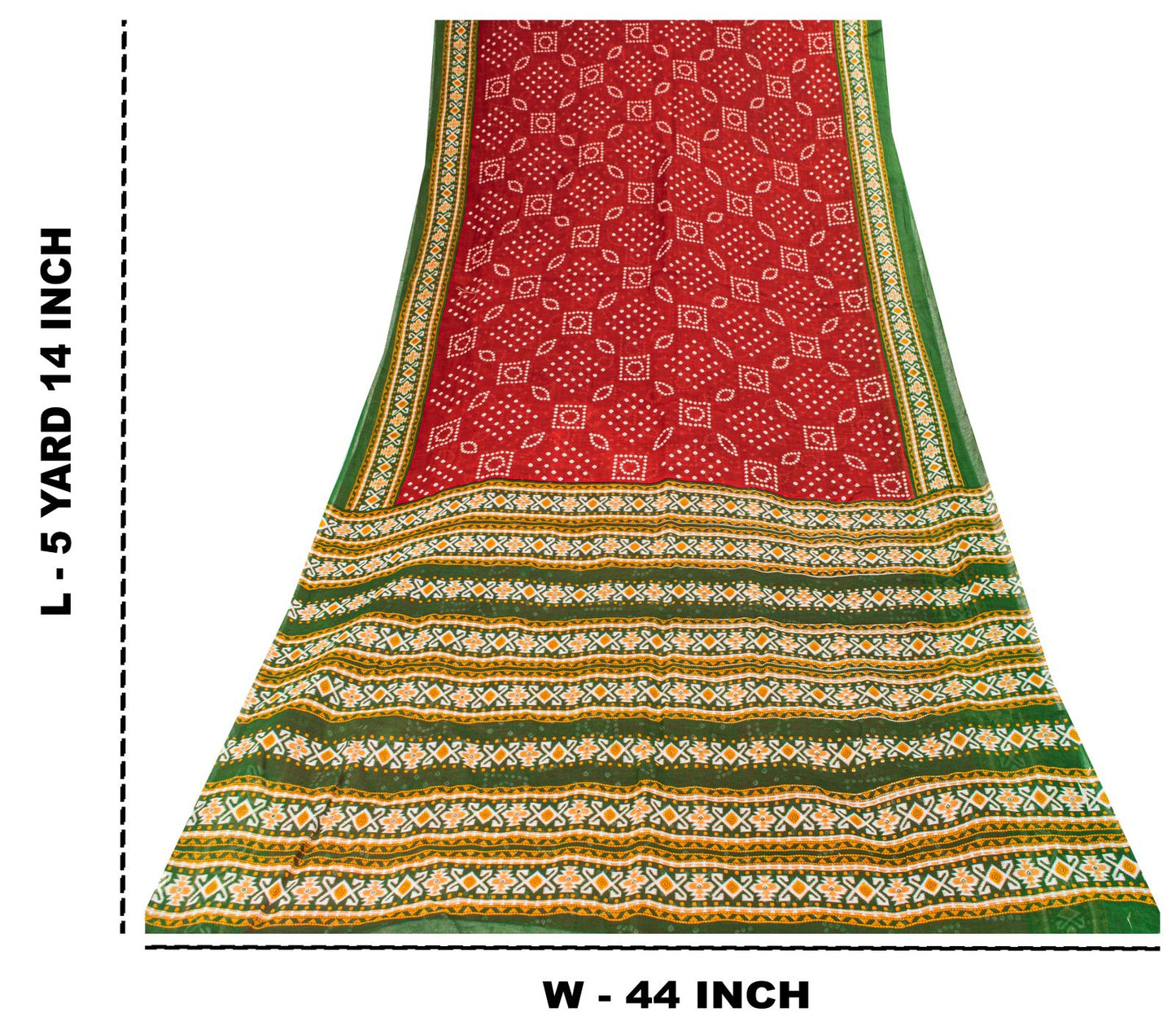 Sanskriti Vintage Saree Red 100%Pure Cotton Bandhani-Ikat Print Sari 5+YD Fabric