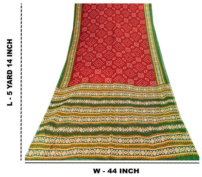 Sanskriti Vintage Saree Red 100%Pure Cotton Bandhani-Ikat Print Sari 5+YD Fabric