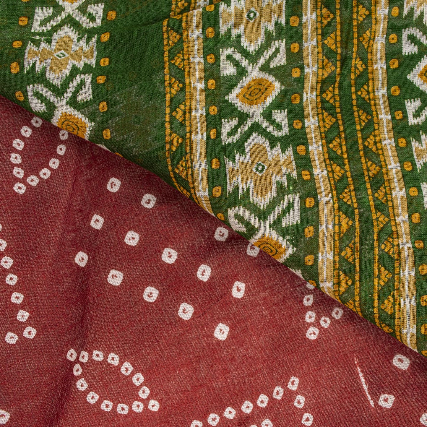 Sanskriti Vintage Saree Red 100%Pure Cotton Bandhani-Ikat Print Sari 5+YD Fabric