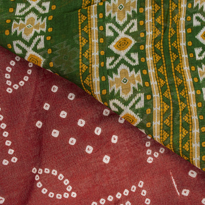Sanskriti Vintage Saree Red 100%Pure Cotton Bandhani-Ikat Print Sari 5+YD Fabric