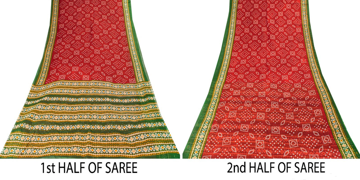 Sanskriti Vintage Saree Red 100%Pure Cotton Bandhani-Ikat Print Sari 5+YD Fabric