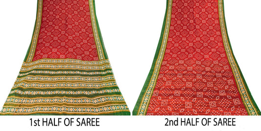 Sanskriti Vintage Saree Red 100%Pure Cotton Bandhani-Ikat Print Sari 5+YD Fabric