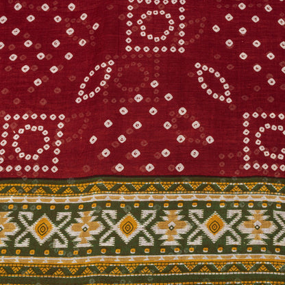Sanskriti Vintage Saree Red 100%Pure Cotton Bandhani-Ikat Print Sari 5+YD Fabric