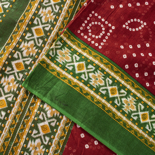Sanskriti Vintage Saree Red 100%Pure Cotton Bandhani-Ikat Print Sari 5+YD Fabric