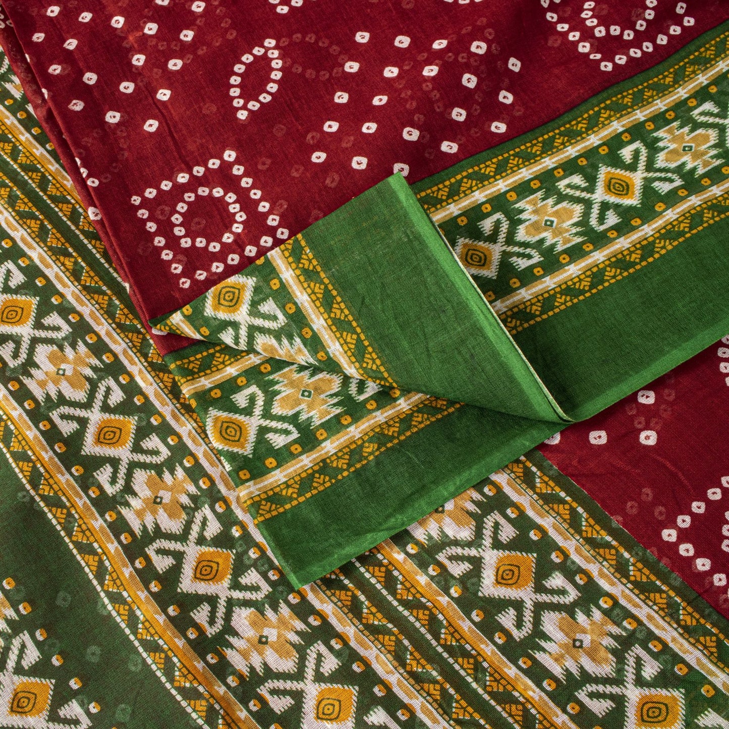 Sanskriti Vintage Saree Red 100%Pure Cotton Bandhani-Ikat Print Sari 5+YD Fabric