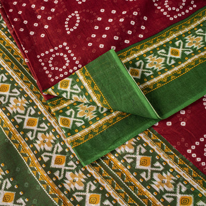Sanskriti Vintage Saree Red 100%Pure Cotton Bandhani-Ikat Print Sari 5+YD Fabric