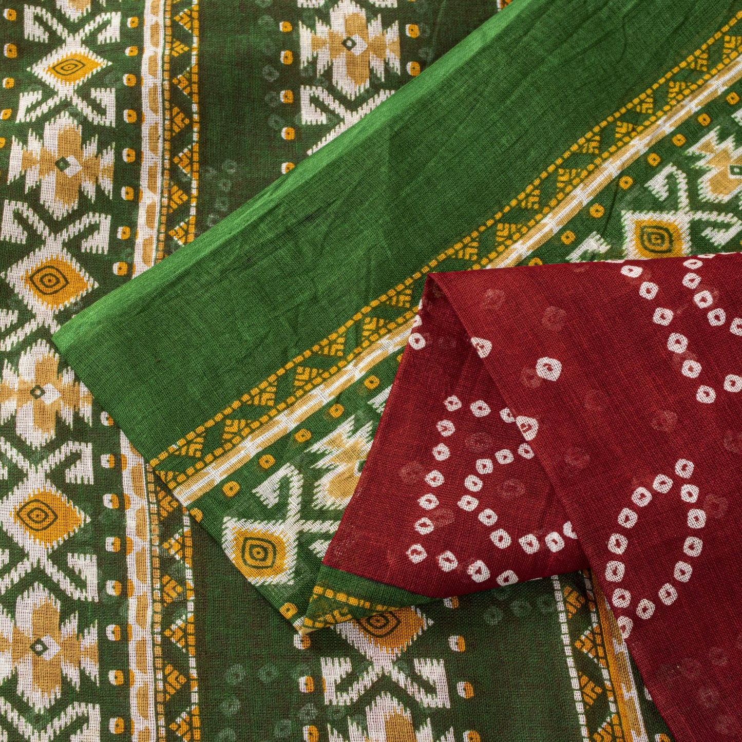Sanskriti Vintage Saree Red 100%Pure Cotton Bandhani-Ikat Print Sari 5+YD Fabric