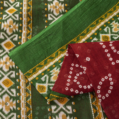 Sanskriti Vintage Saree Red 100%Pure Cotton Bandhani-Ikat Print Sari 5+YD Fabric