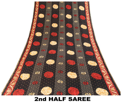 Sanskriti Vintage Saree Black Pure Cotton Batik-Bandhani Print Soft 5.5+YD Sari