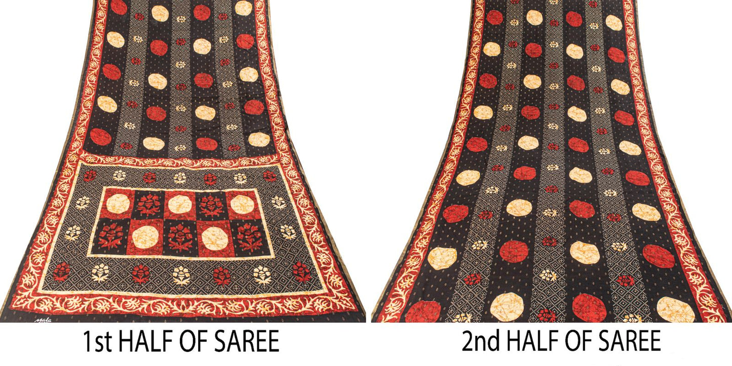 Sanskriti Vintage Saree Black Pure Cotton Batik-Bandhani Print Soft 5.5+YD Sari