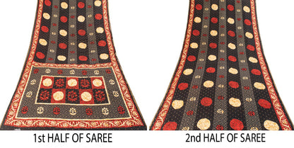 Sanskriti Vintage Saree Black Pure Cotton Batik-Bandhani Print Soft 5.5+YD Sari