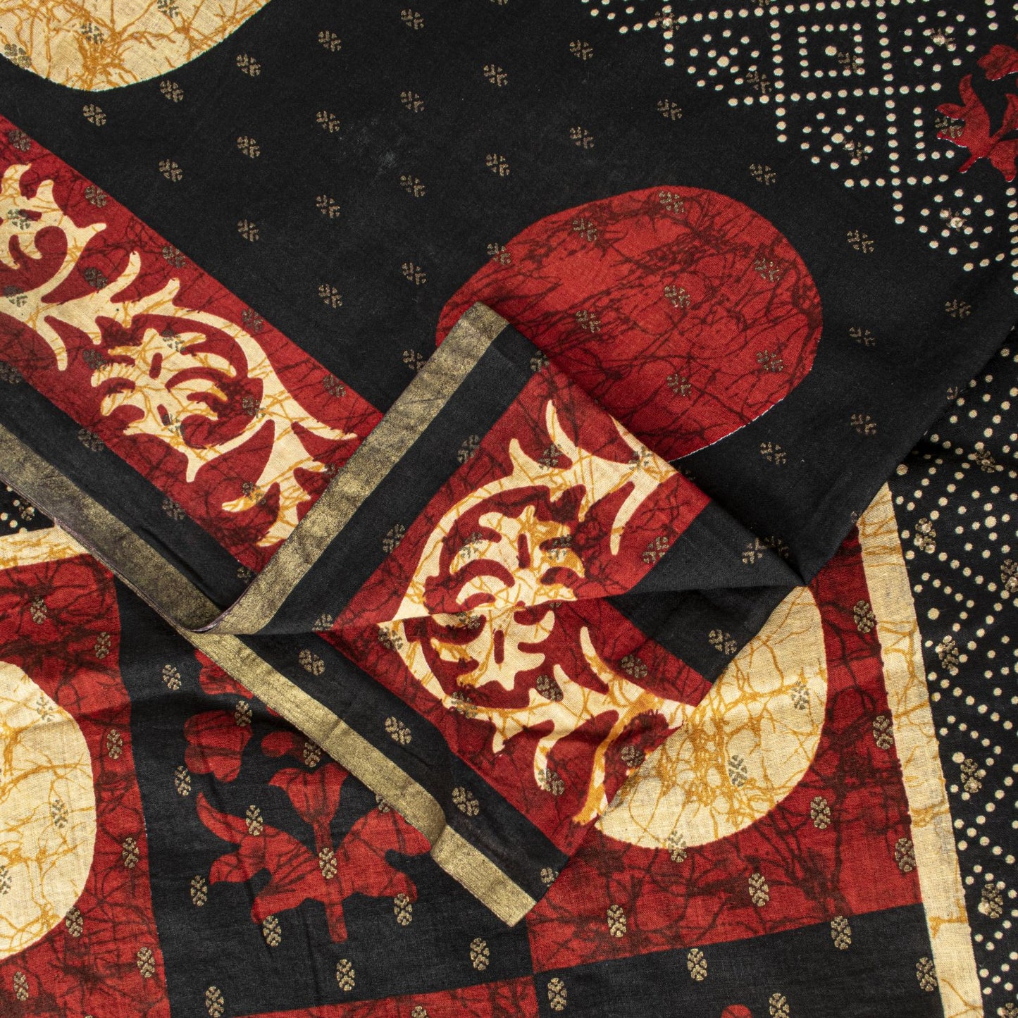 Sanskriti Vintage Saree Black Pure Cotton Batik-Bandhani Print Soft 5.5+YD Sari