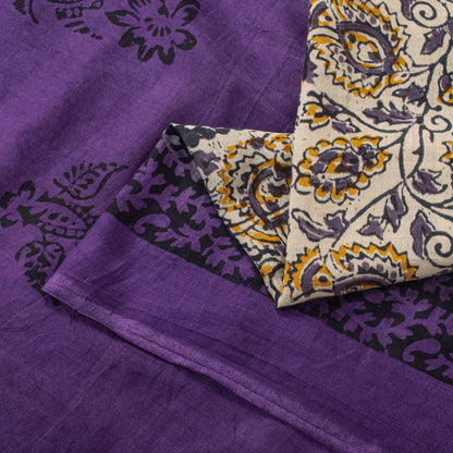 Sanskriti Vintage Saree Violet Pure Cotton Kalamkari Hand Block Print Sari 5.5YD