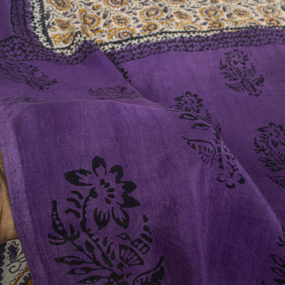 Sanskriti Vintage Saree Violet Pure Cotton Kalamkari Hand Block Print Sari 5.5YD