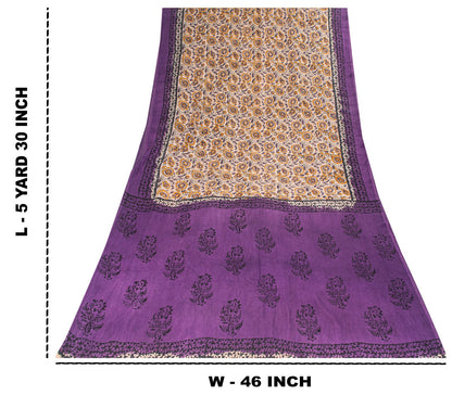 Sanskriti Vintage Saree Violet Pure Cotton Kalamkari Hand Block Print Sari 5.5YD