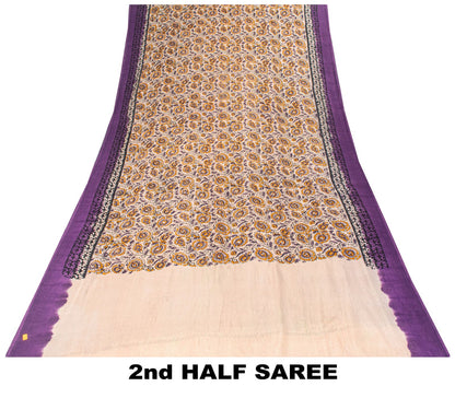 Sanskriti Vintage Saree Violet Pure Cotton Kalamkari Hand Block Print Sari 5.5YD
