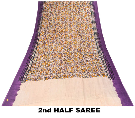 Sanskriti Vintage Saree Violet Pure Cotton Kalamkari Hand Block Print Sari 5.5YD