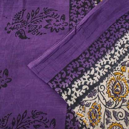 Sanskriti Vintage Saree Violet Pure Cotton Kalamkari Hand Block Print Sari 5.5YD