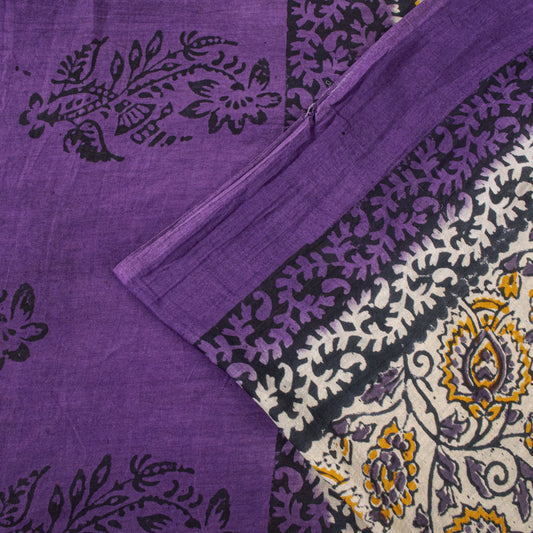Sanskriti Vintage Saree Violet Pure Cotton Kalamkari Hand Block Print Sari 5.5YD