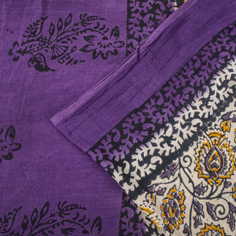Sanskriti Vintage Saree Violet Pure Cotton Kalamkari Hand Block Print Sari 5.5YD