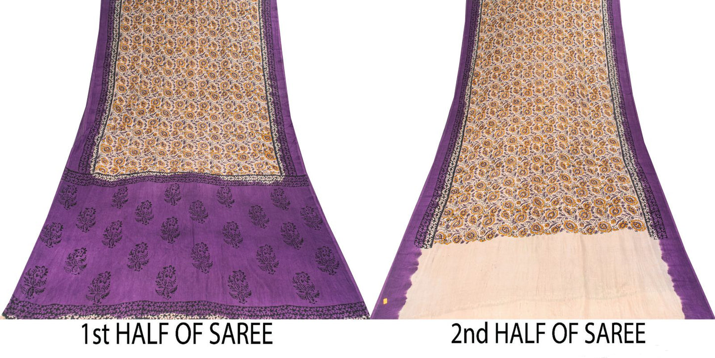 Sanskriti Vintage Saree Violet Pure Cotton Kalamkari Hand Block Print Sari 5.5YD