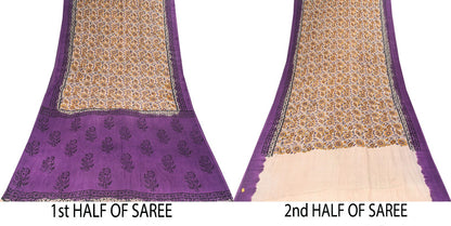 Sanskriti Vintage Saree Violet Pure Cotton Kalamkari Hand Block Print Sari 5.5YD