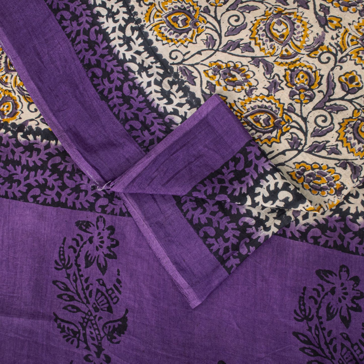 Sanskriti Vintage Saree Violet Pure Cotton Kalamkari Hand Block Print Sari 5.5YD